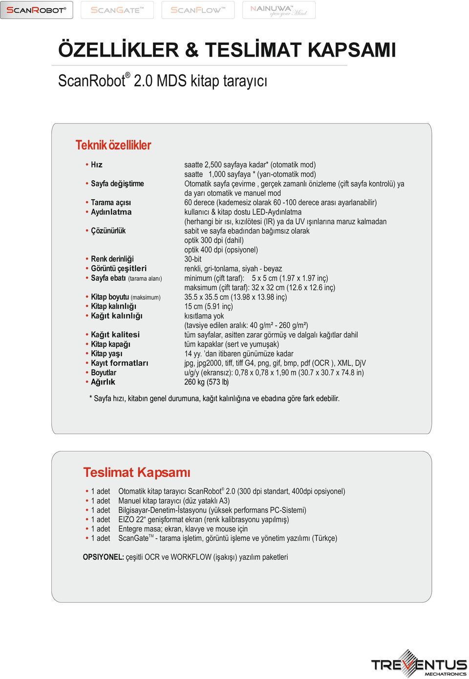 Kağıt kalınlığı Kağıt kalitesi Kitap kapağı Kitap yaşı Kayıt formatları Boyutlar Ağırlık saatte 2,500 sayfaya kadar* (otomatik mod) saatte 1,000 sayfaya * (yarı-otomatik mod) Otomatik sayfa çevirme,