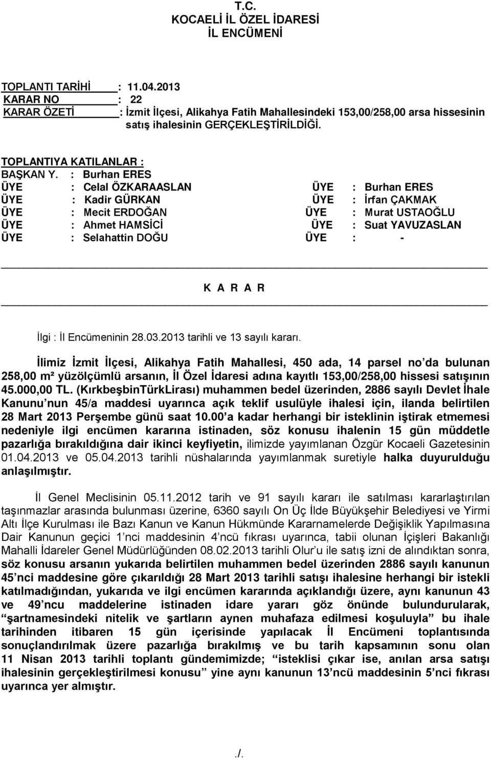 ÜYE : - İlgi : İl Encümeninin 28.03.2013 tarihli ve 13 sayılı kararı.