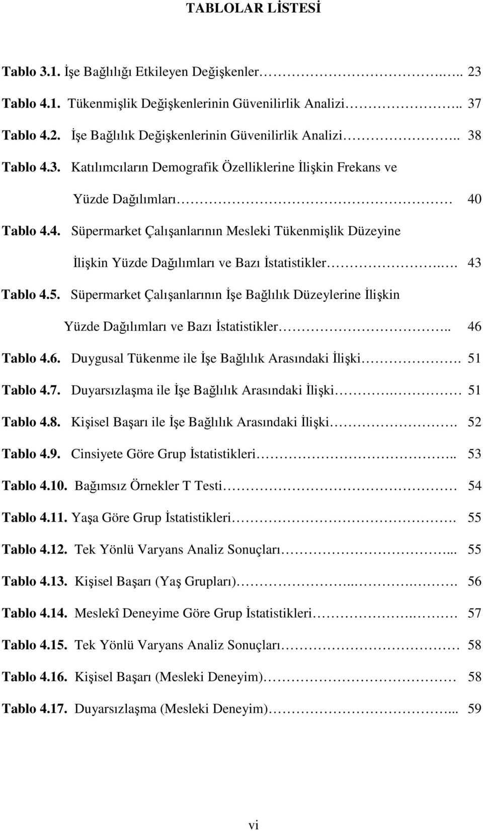 . 43 Tablo 4.5. Süpermarket Çalışanlarının İşe Bağlılık Düzeylerine İlişkin Yüzde Dağılımları ve Bazı İstatistikler.. 46 Tablo 4.6. Duygusal Tükenme ile İşe Bağlılık Arasındaki İlişki. 51 Tablo 4.7.