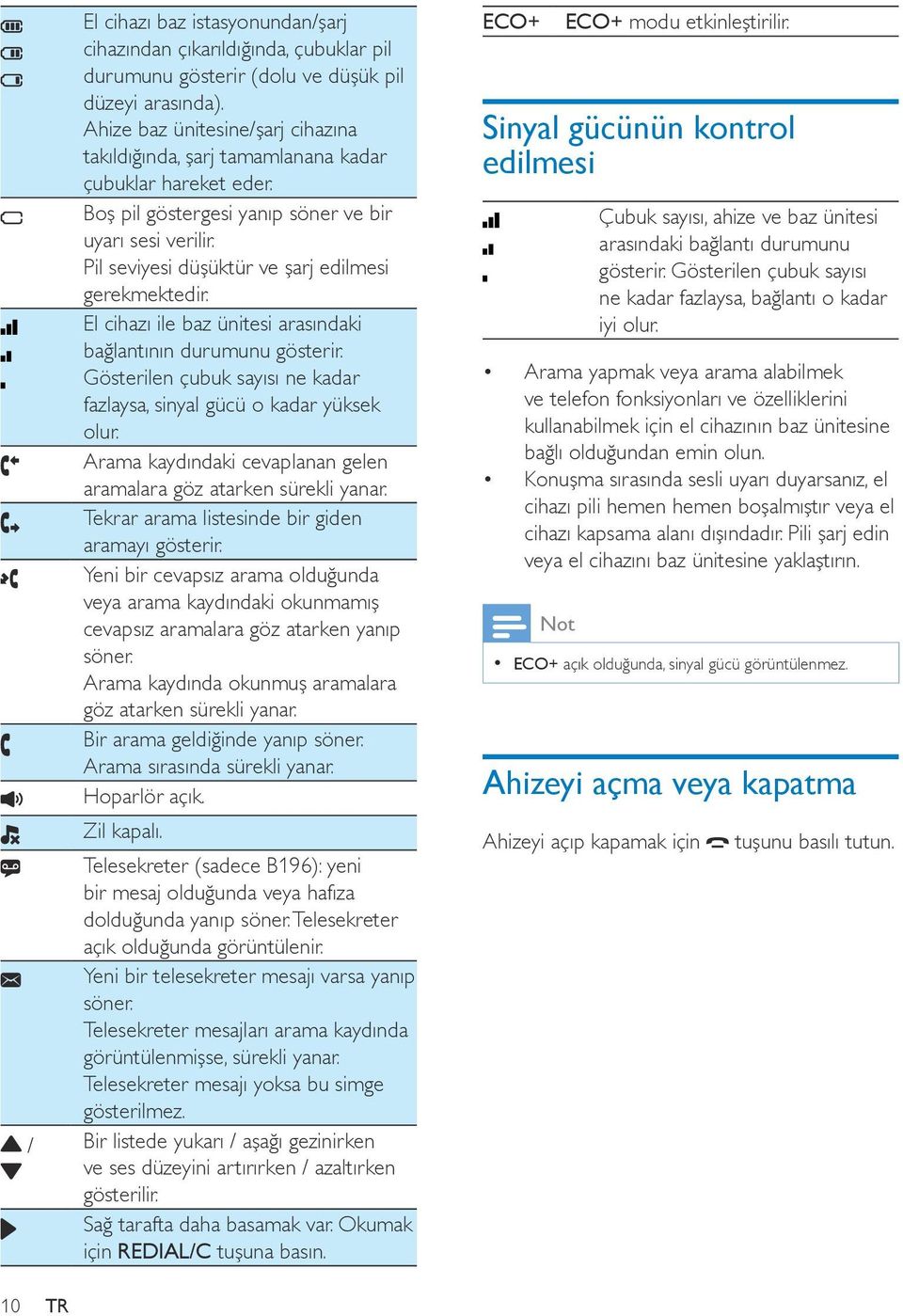 Pil seviyesi düşüktür ve şarj edilmesi gerekmektedir. El cihazı ile baz ünitesi arasındaki bağlantının durumunu gösterir. Gösterilen çubuk sayısı ne kadar fazlaysa, sinyal gücü o kadar yüksek olur.