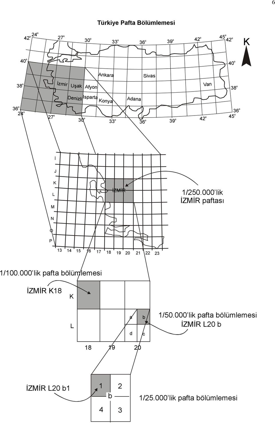 İZMİR 1/250.000 lik İZMİR paftası N O P 13 14 15 16 17 18 19 20 21 22 23 1/100.
