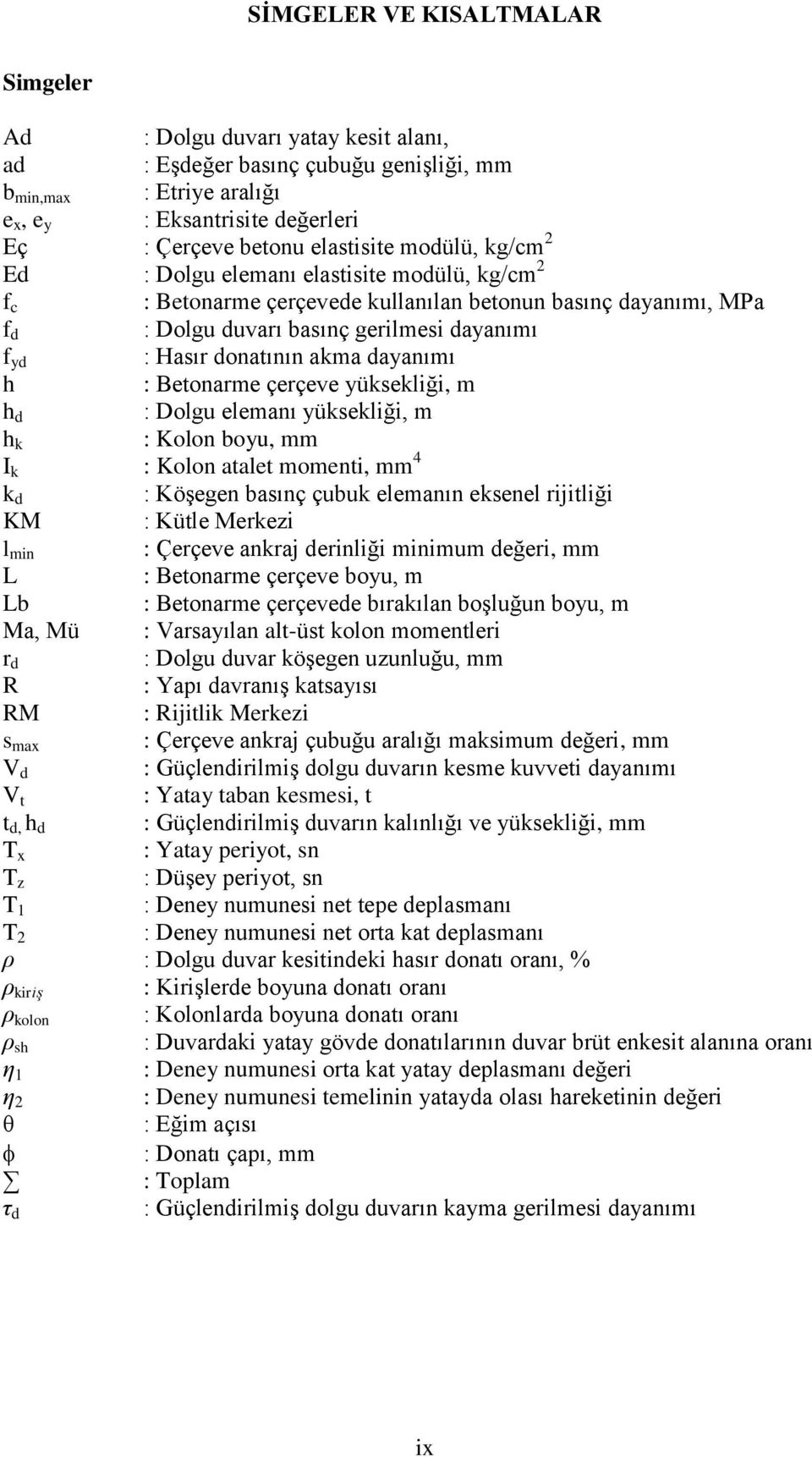 donatının akma dayanımı h : Betonarme çerçeve yüksekliği, m h d : Dolgu elemanı yüksekliği, m h k : Kolon boyu, mm I k : Kolon atalet momenti, mm 4 k d : Köşegen basınç çubuk elemanın eksenel