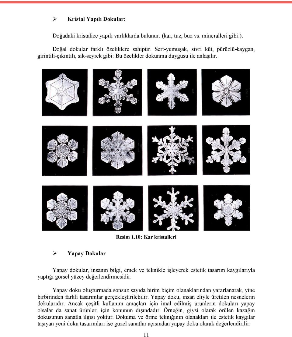 10: Kar kristalleri Yapay Dokular Yapay dokular, insanın bilgi, emek ve teknikle işleyerek estetik tasarım kaygılarıyla yaptığı görsel yüzey değerlendirmesidir.