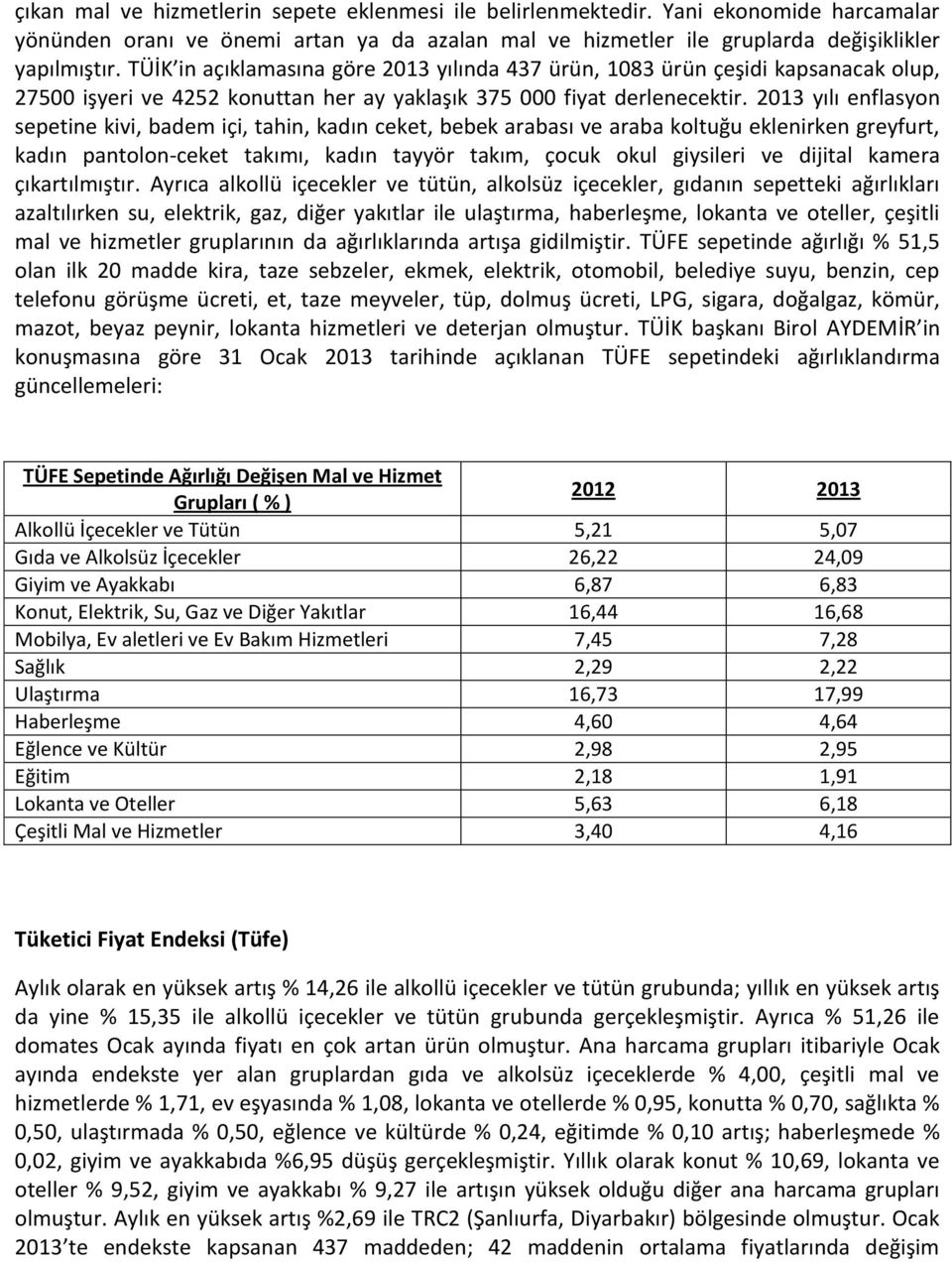 2013 yılı enflasyon sepetine kivi, badem içi, tahin, kadın ceket, bebek arabası ve araba koltuğu eklenirken greyfurt, kadın pantolon-ceket takımı, kadın tayyör takım, çocuk okul giysileri ve dijital