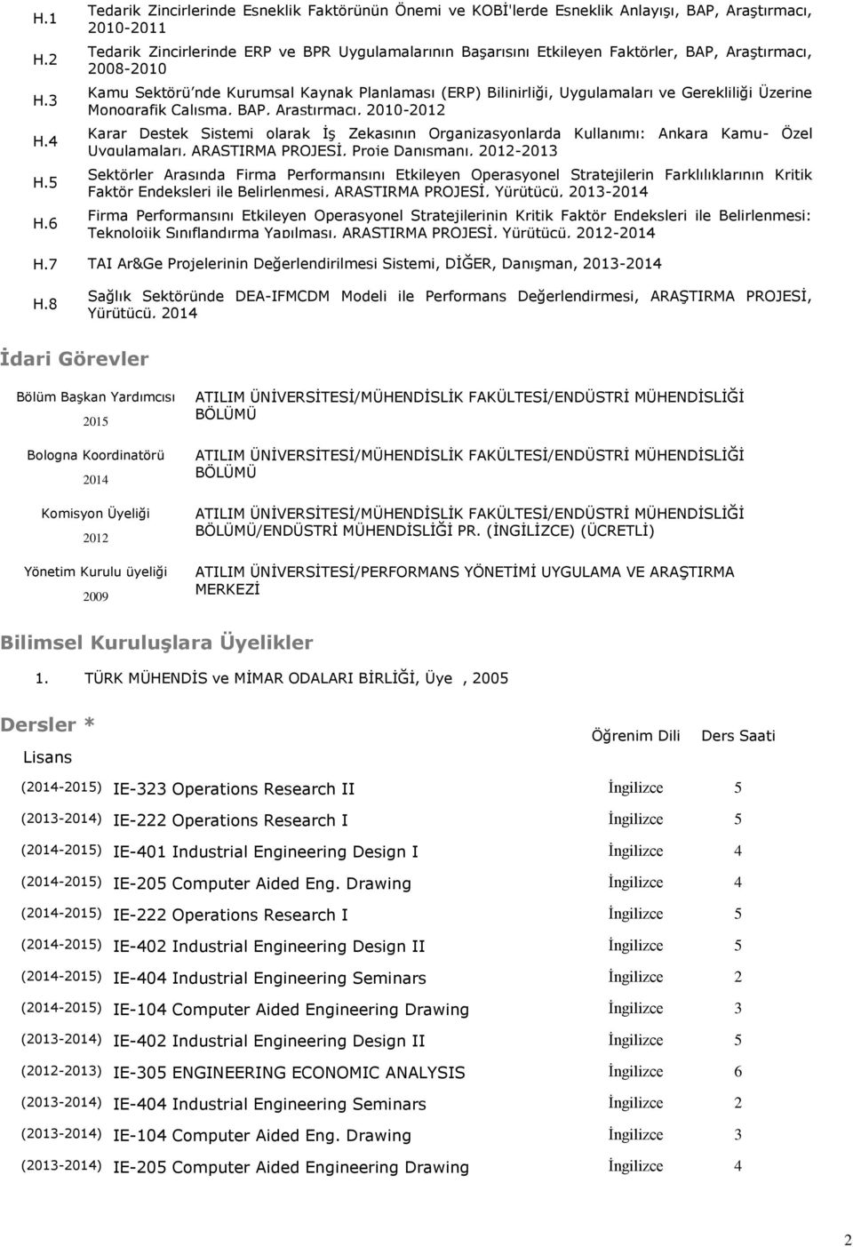 Araştırmacı, 2008-2010 Kamu Sektörü nde Kurumsal Kaynak Planlaması (ERP) Bilinirliği, Uygulamaları ve Gerekliliği Üzerine Monografik Çalışma, BAP, Araştırmacı, 2010-2012 Karar Destek Sistemi olarak