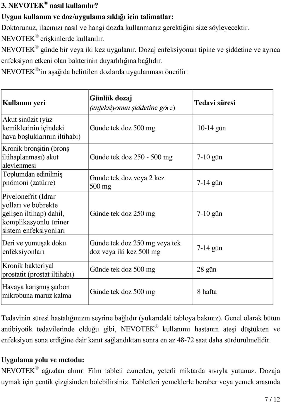 NEVOTEK in aşağıda belirtilen dozlarda uygulanması önerilir: Kullanım yeri Akut sinüzit (yüz kemiklerinin içindeki hava boşluklarının iltihabı) Kronik bronşitin (bronş iltihaplanması) akut