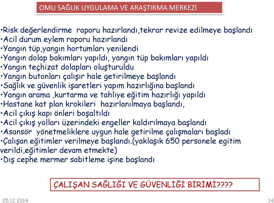 Yangın arama,kurtarma ve tahliye eğitim hazırlığı yapıldı Hastane kat plan krokileri hazırlanılmaya başlandı, Acil çıkış kapı önleri boşaltıldı Acil çıkış yolları üzerindeki engeller kaldırılmaya