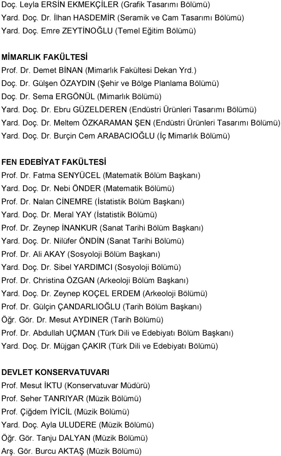 Doç. Dr. Burçin Cem ARABACIOĞLU (İç Mimarlık Bölümü) FEN EDEBİYAT FAKÜLTESİ Prof. Dr. Fatma SENYÜCEL (Matematik Bölüm Başkanı) Yard. Doç. Dr. Nebi ÖNDER (Matematik Bölümü) Prof. Dr. Nalan CİNEMRE (İstatistik Bölüm Başkanı) Yard.