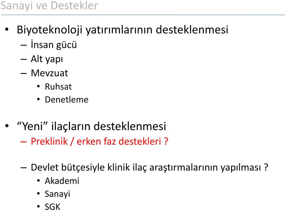 Yeni ilaçların desteklenmesi Preklinik / erken faz destekleri?