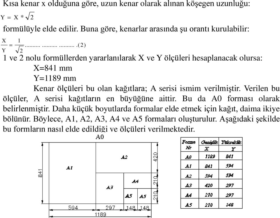 .........(2) 2 1 ve 2 nolu formüllerden yararlanılarak X vey ölçüleri hesaplanacak olursa: X=841 mm Y=1189 mm Kenar ölçüleri bu olan kağıtlara; serisi