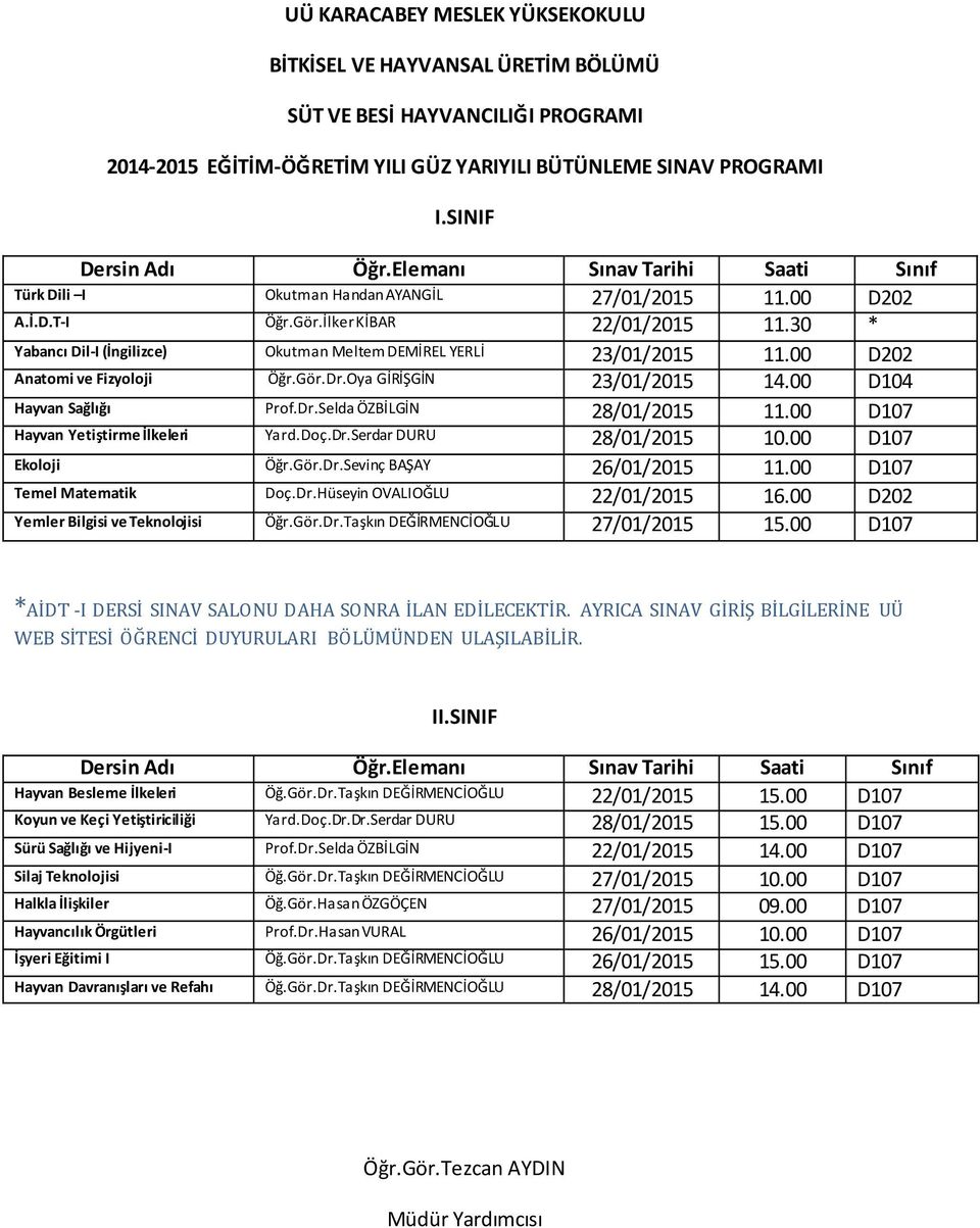 00 D107 Hayvan Yetiştirme İlkeleri Yard.Doç.Dr.Serdar DURU 28/01/2015 10.00 D107 Ekoloji Öğr.Gör.Dr.Sevinç BAŞAY 26/01/2015 11.00 D107 Temel Matematik Doç.Dr.Hüseyin OVALIOĞLU 22/01/2015 16.