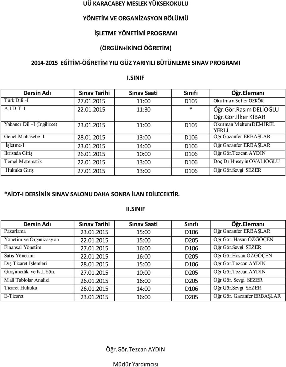 Gazanfer ERBAŞLAR İşletme-I 23.01.2015 14:00 D106 Öğr.Gazanfer ERBAŞLAR İktisada Giriş 26.01.2015 10:00 D106 Temel Matematik 22.01.2015 13:00 D106 Doç.Dr.Hüseyin OVALIOĞLU Hukuka Giriş 27.01.2015 13:00 D106 Öğr.