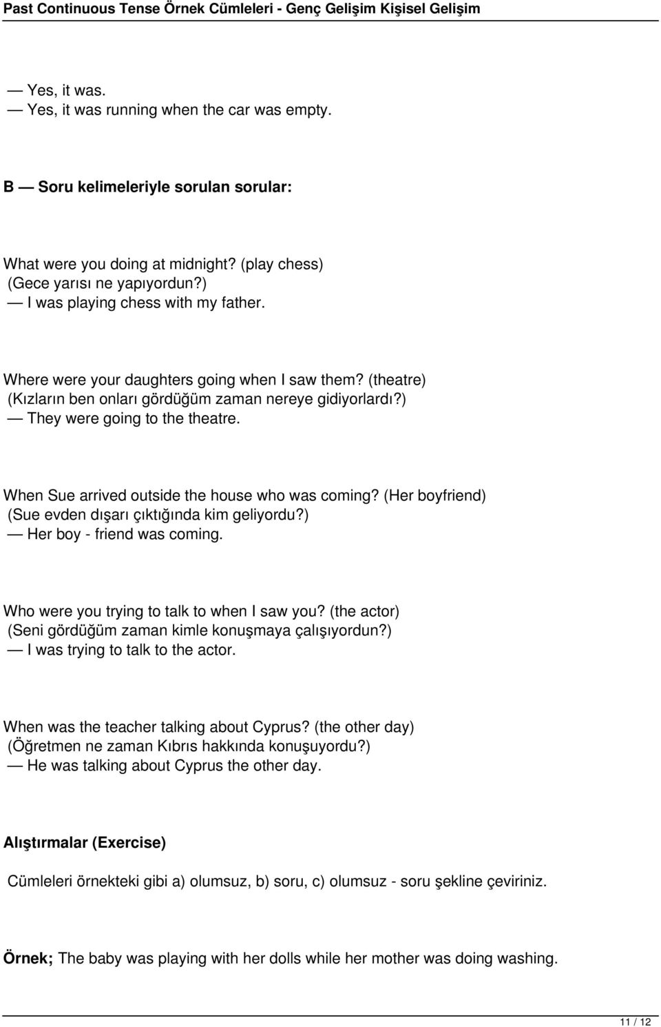 When Sue arrived outside the house who was coming? (Her boyfriend) (Sue evden dışarı çıktığında kim geliyordu?) Her boy - friend was coming. Who were you trying to talk to when I saw you?