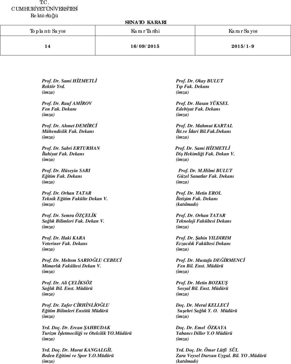 Prof. Dr. Semra ÖZÇELİK Sağlık Bilimleri Fak. Dekan V. Prof. Dr. Haki KARA Veteriner Fak. Dekanı Prof. Dr. Meltem SARIOĞLU CEBECİ Mimarlık Fakültesi Dekan V. Prof. Dr. Ali ÇELİKSÖZ Sağlık Bil. Enst.