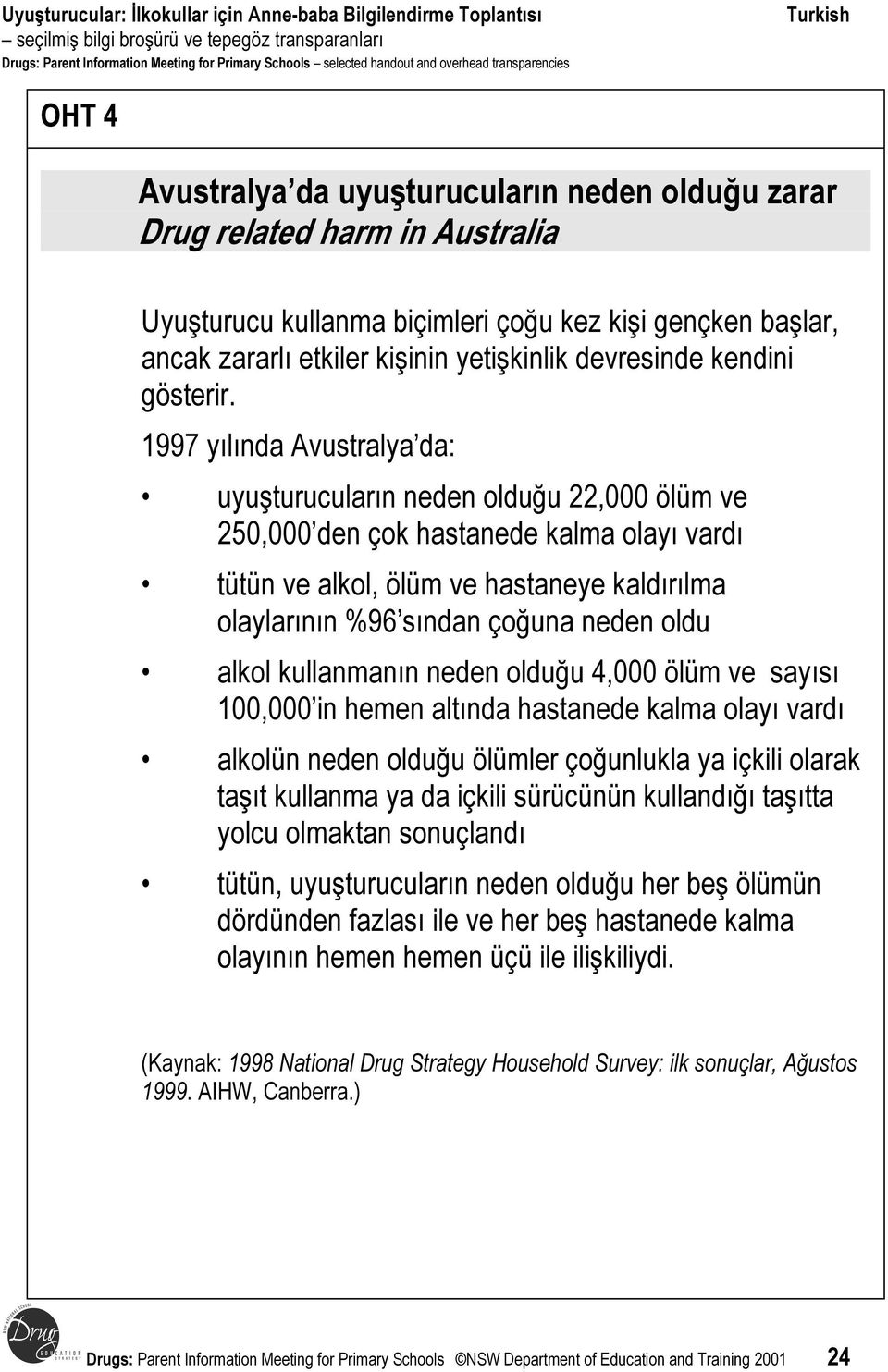 1997 yılında Avustralya da: uyuşturucuların neden olduğu 22,000 ölüm ve 250,000 den çok hastanede kalma olayı vardı tütün ve alkol, ölüm ve hastaneye kaldırılma olaylarının %96 sından çoğuna neden