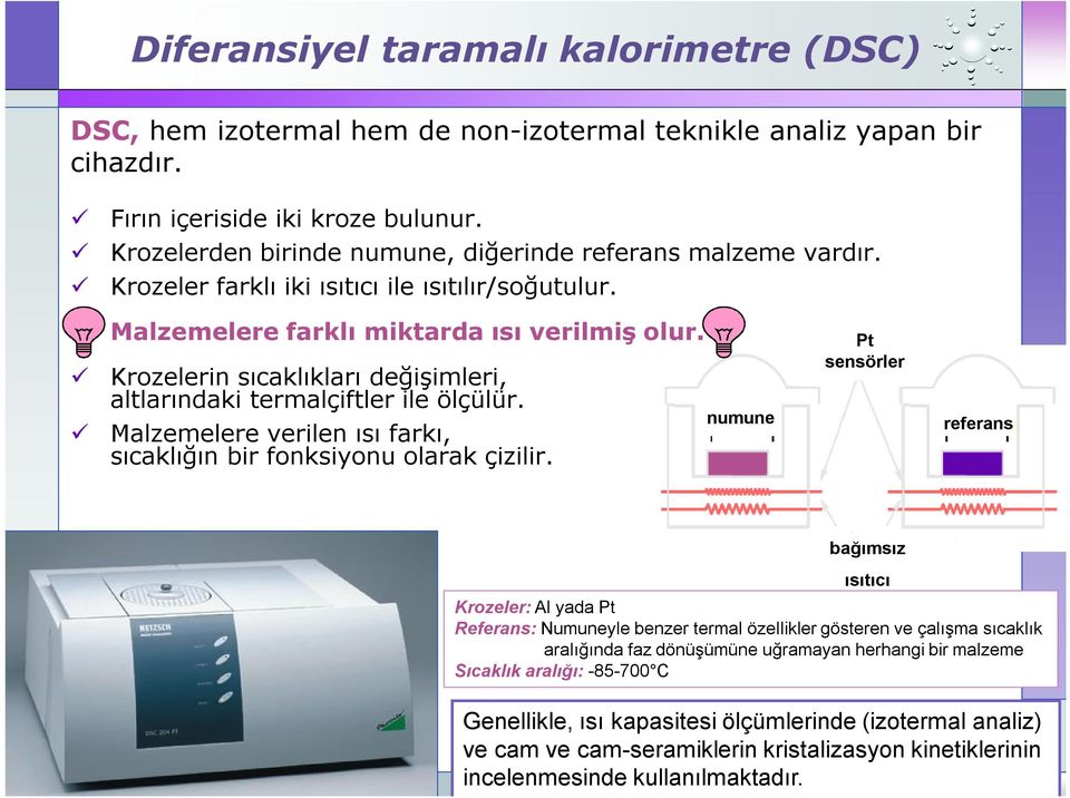 Krozelerin sıcaklıkları değişimleri, altlarındaki termalçiftler ile ölçülür. Malzemelere verilen ısı farkı, sıcaklığın bir fonksiyonu olarak çizilir.