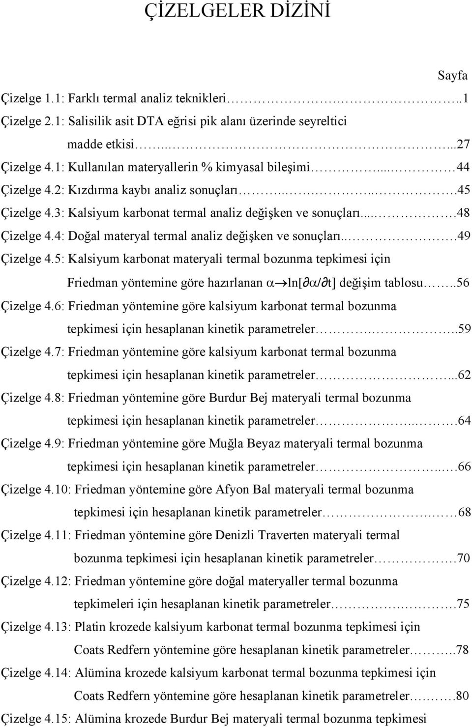 4: Doğal materyal termal analiz değişken ve sonuçları...49 Çizelge 4.5: Kalsiyum karbonat materyali termal bozunma tepkimesi için Friedman yöntemine göre hazırlanan ln[ / t] değişim tablosu.