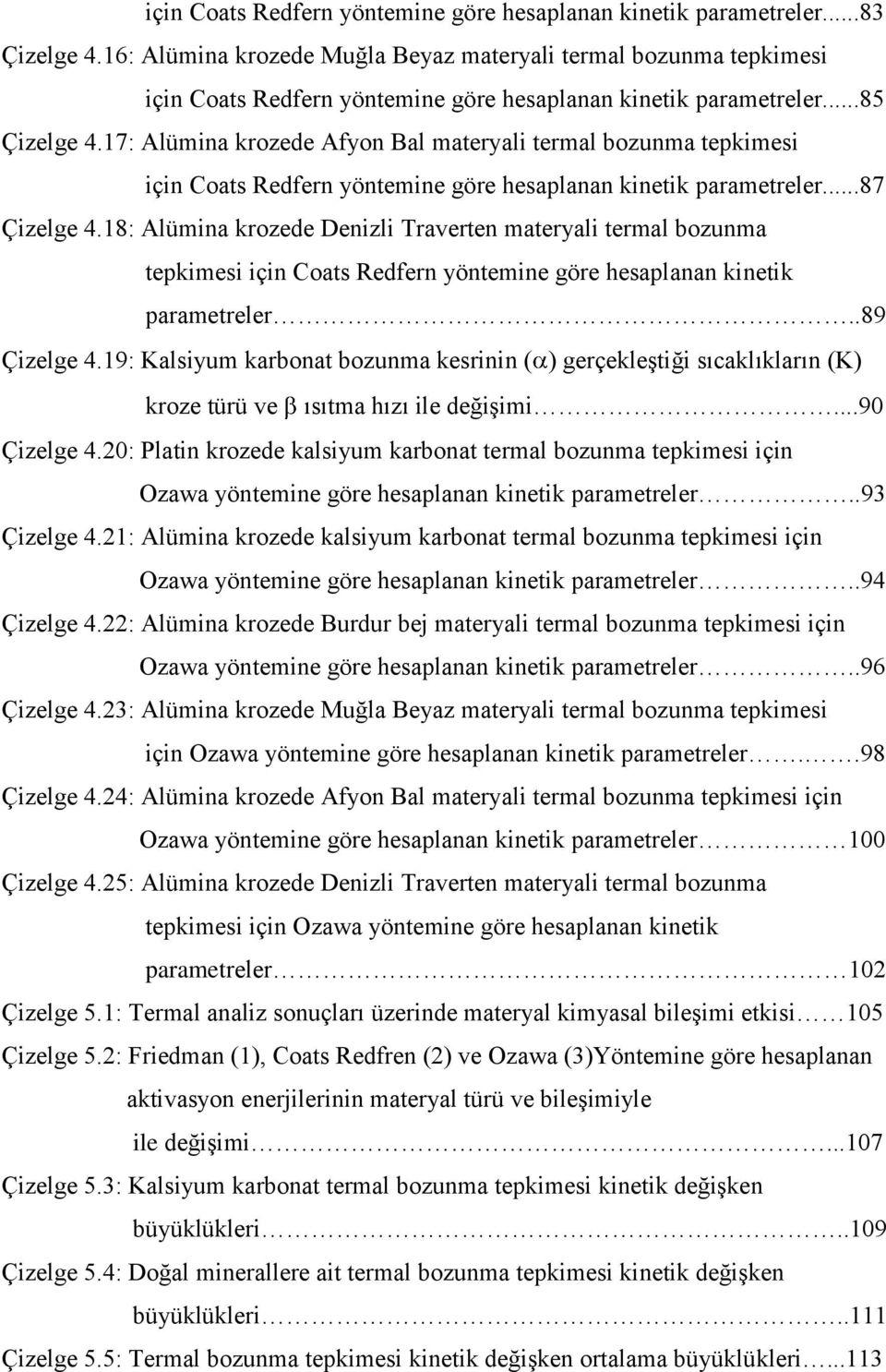 17: Alümina krozede Afyon Bal materyali termal bozunma tepkimesi için Coats Redfern yöntemine göre hesaplanan kinetik parametreler...87 Çizelge 4.