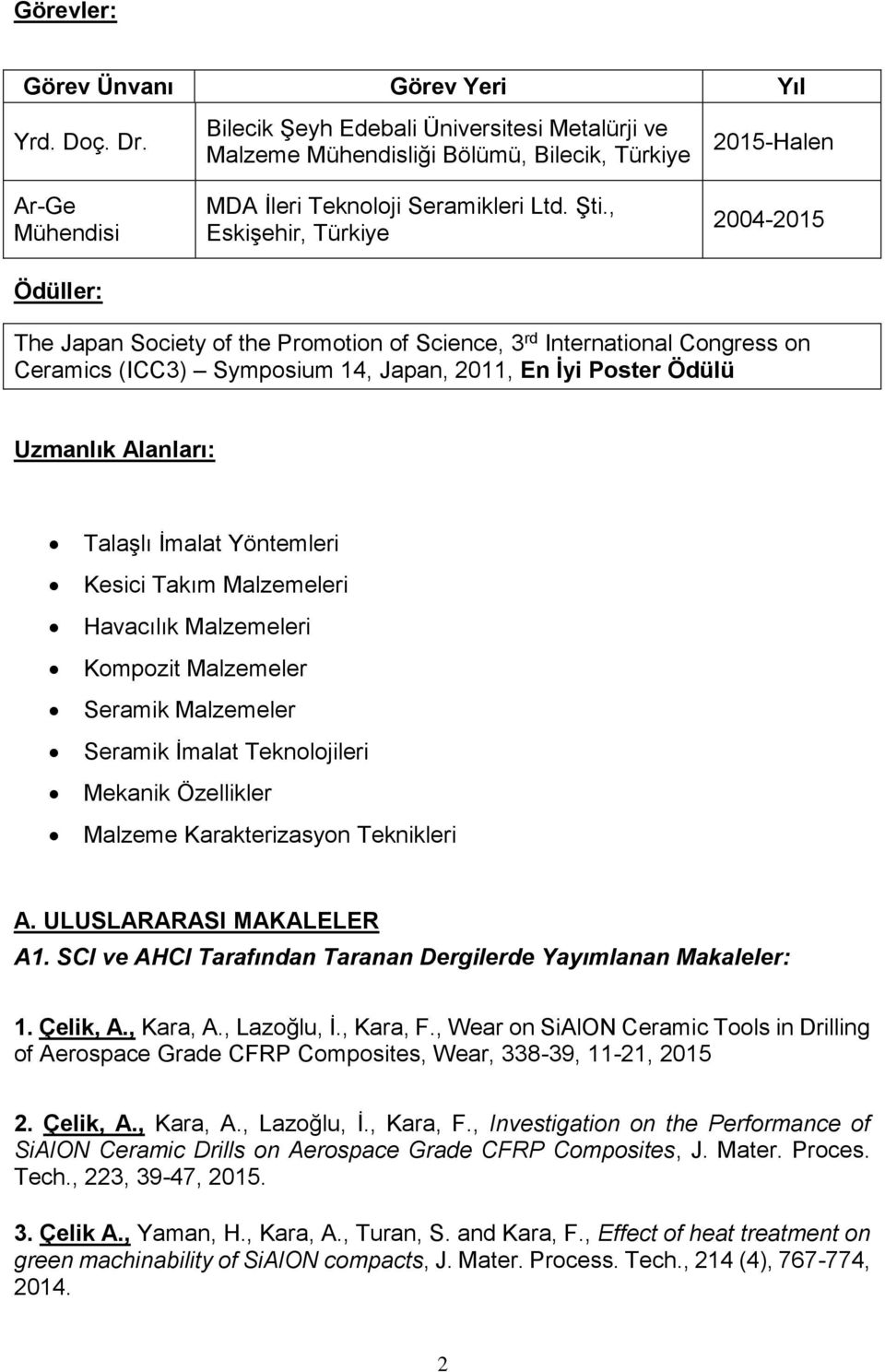 , Eskişehir, Türkiye 2004-2015 The Japan Society of the Promotion of Science, 3 rd International Congress on Ceramics (ICC3) Symposium 14, Japan, 2011, En İyi Poster Ödülü Uzmanlık Alanları: Talaşlı