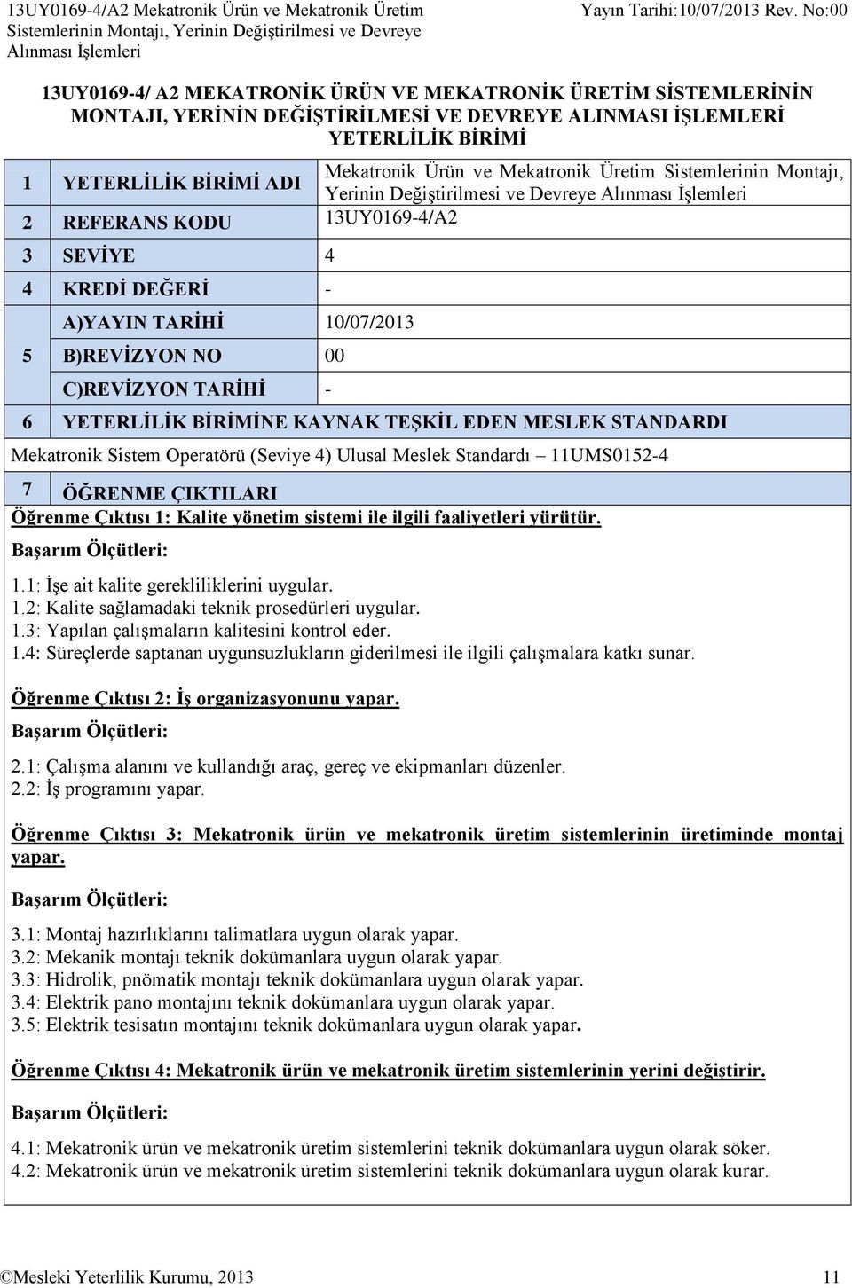 Alınması İşlemleri 2 REFERANS KODU 13UY0169-4/A2 3 SEVİYE 4 4 KREDİ DEĞERİ - 5 A)YAYIN TARİHİ 10/07/2013 B)REVİZYON NO 00 C)REVİZYON TARİHİ - 6 YETERLİLİK BİRİMİNE KAYNAK TEŞKİL EDEN MESLEK STANDARDI