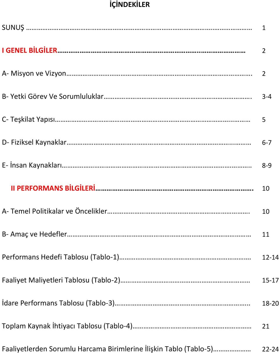 10 B- Amaç ve Hedefler 11 Performans Hedefi Tablosu (Tablo-1).