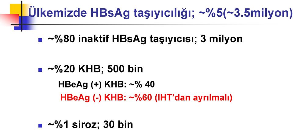 milyon ~%20 KHB; 500 bin HBeAg (+) KHB: ~% 40
