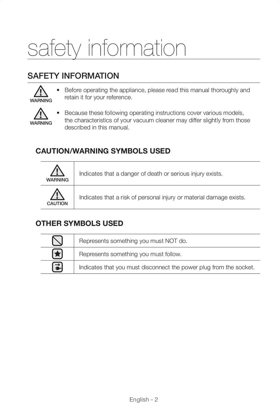 this manual. CAUTION/WARNING SYMBOLS USED WARNING Indicates that a danger of death or serious injury exists.