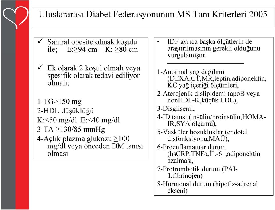 nonhdl-k,küçük LDL), 2-HDL düşüklüğü 3-Disglisemi, K:<50 mg/dl E:<40 mg/dl 4-İD tanısı (insülin/proinsülin,homa- IR,SYA ölçümü), 3-TA 130/85 mmhg 5-Vasküler bozukluklar klar (endotel 4-Açlık plazma