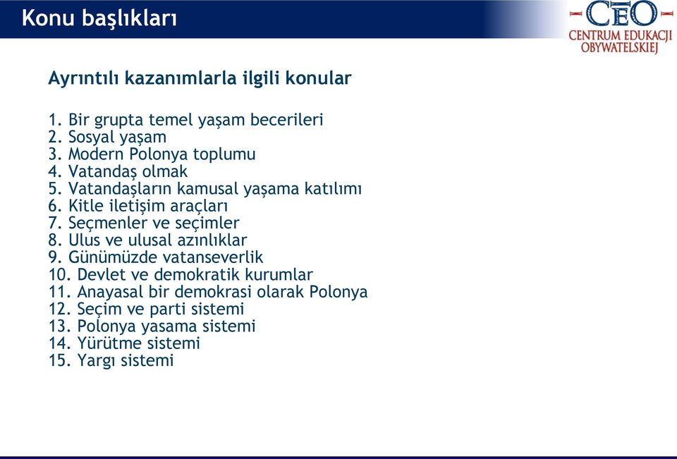 Seçmenler ve seçimler 8. Ulus ve ulusal azınlıklar 9. Günümüzde vatanseverlik 10. Devlet ve demokratik kurumlar 11.