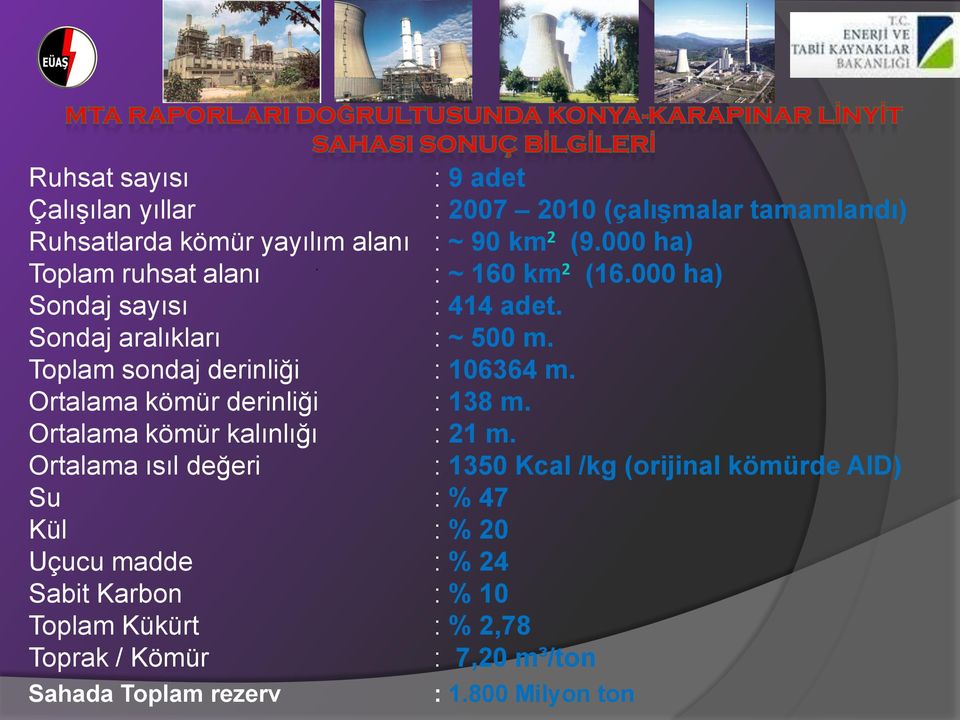 Toplam sondaj derinliği : 106364 m. Ortalama kömür derinliği : 138 m. Ortalama kömür kalınlığı : 21 m.