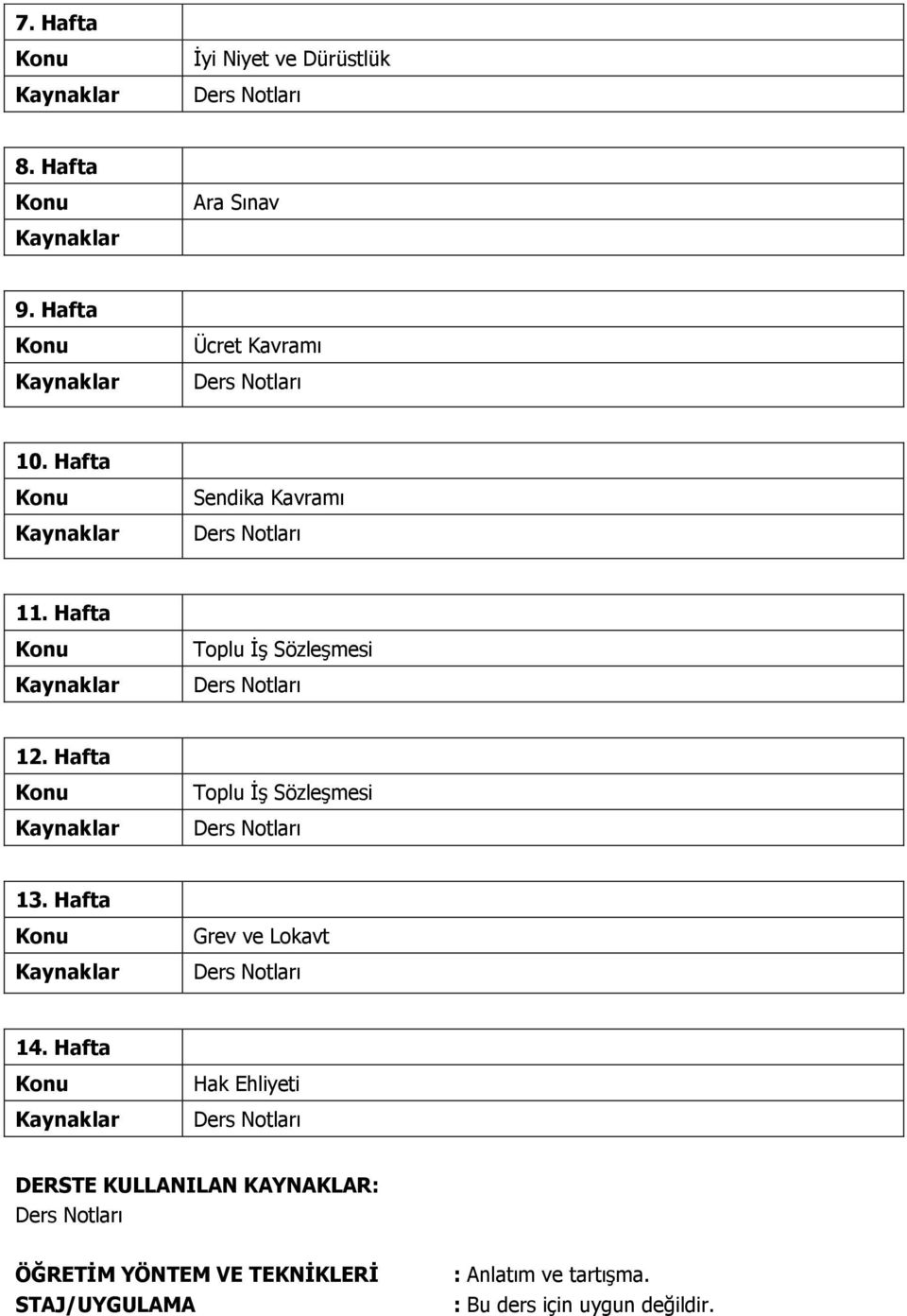 Hafta Toplu İş Sözleşmesi 13. Hafta Grev ve Lokavt 14.