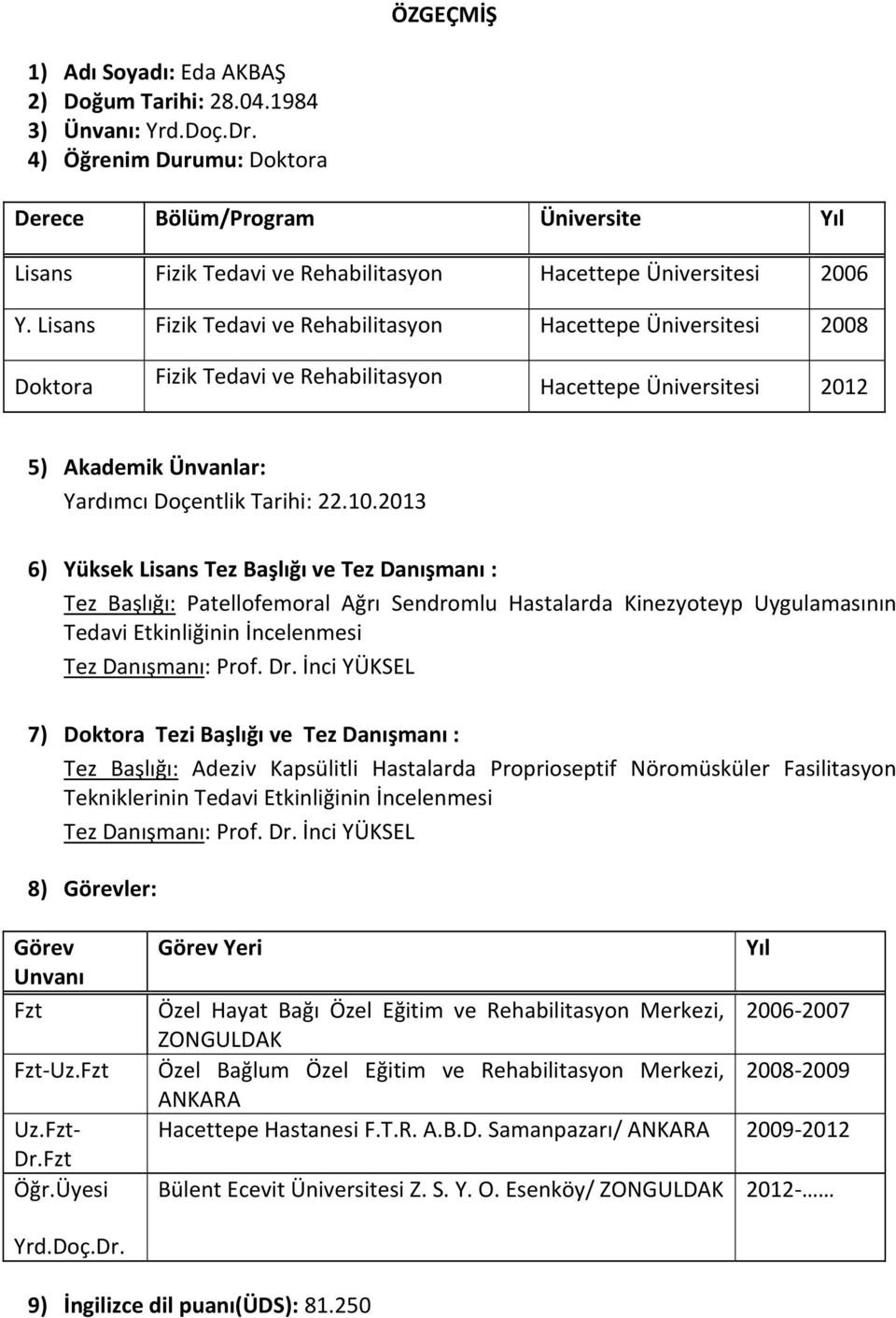 Lisans Fizik Tedavi ve Rehabilitasyon Hacettepe Üniversitesi 2008 Doktora Fizik Tedavi ve Rehabilitasyon Hacettepe Üniversitesi 2012 5) Akademik Ünvanlar: Yardımcı Doçentlik Tarihi: 22.10.