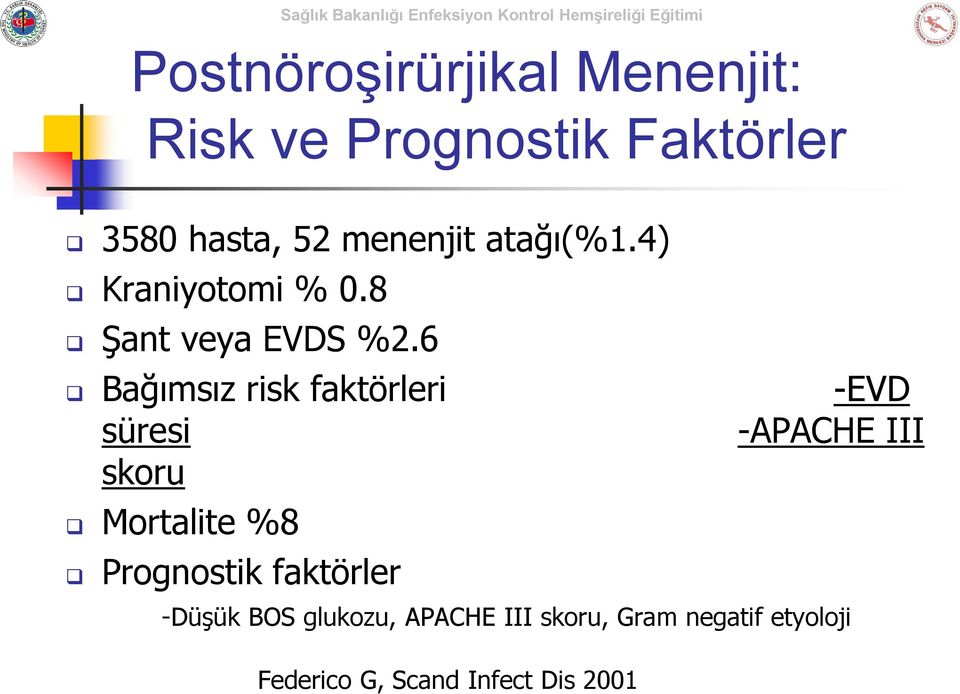 6 Bağımsız risk faktörleri -EVD süresi -APACHE III skoru Mortalite %8