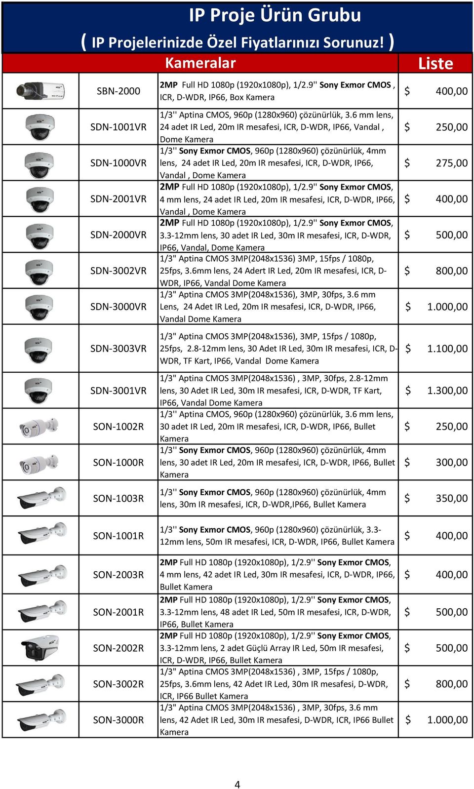 9'' Sony Exmor CMOS, ICR, D-WDR, IP66, Box Kamera 1/3'' Aptina CMOS, 960p (1280x960) çözünürlük, 3.