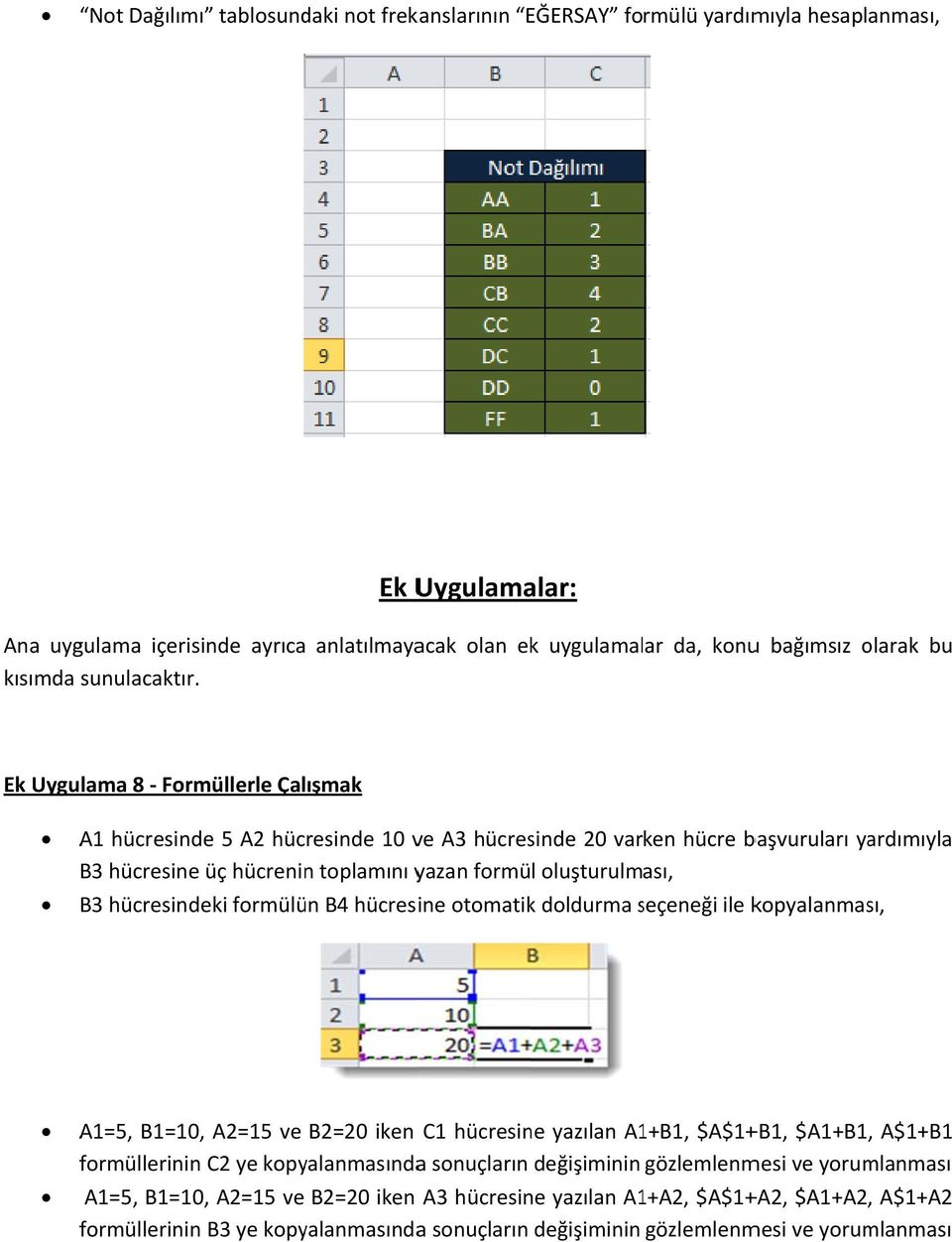 hücresinee üç hücreninn toplamını yazan formül oluşturulması, B3 hücresindeki formülün B4 hücresine otomatik doldurma seçeneği s ile kopyalanması, A1=5, B1=10, A2=15 ve B2=20 iken C1 hücresine