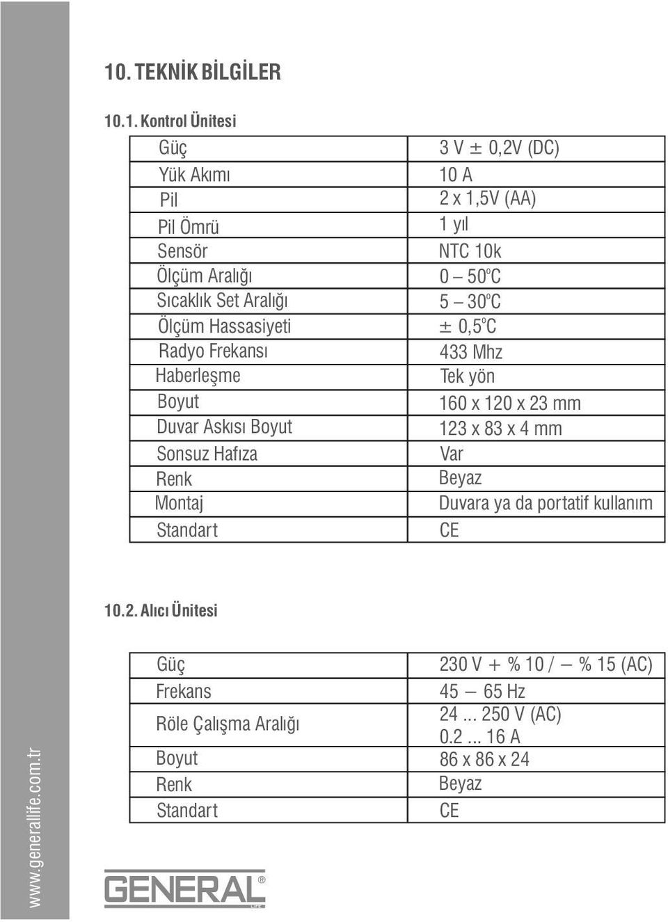 50oC 5 30oC ± 0,5oC 433 Mhz Tek yön 160 x 120