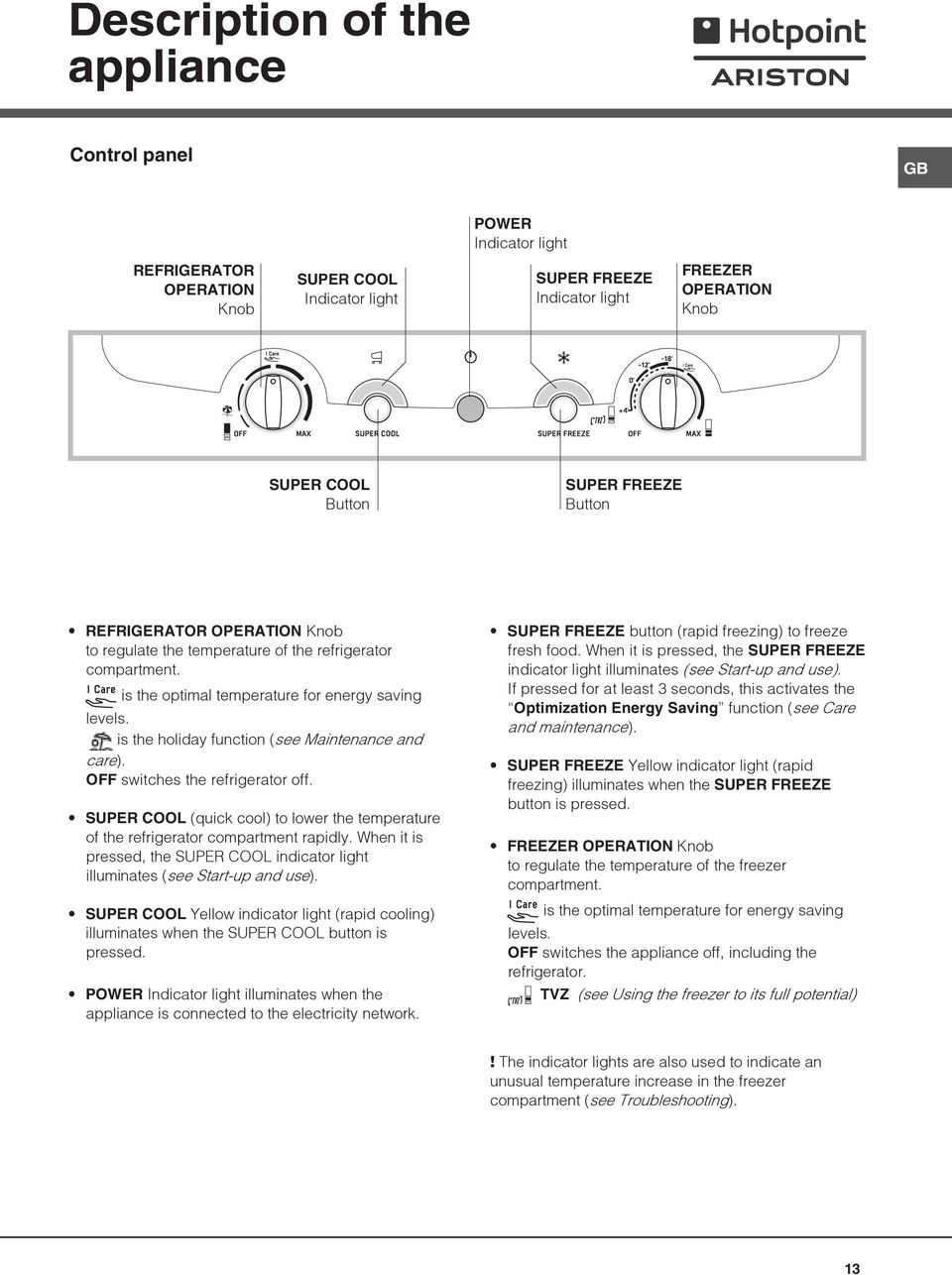 SUPER COOL (quick cool) to lower the temperature of the refrigerator compartment rapidly. When it is pressed, the SUPER COOL indicator light illuminates (see Start-up and use).