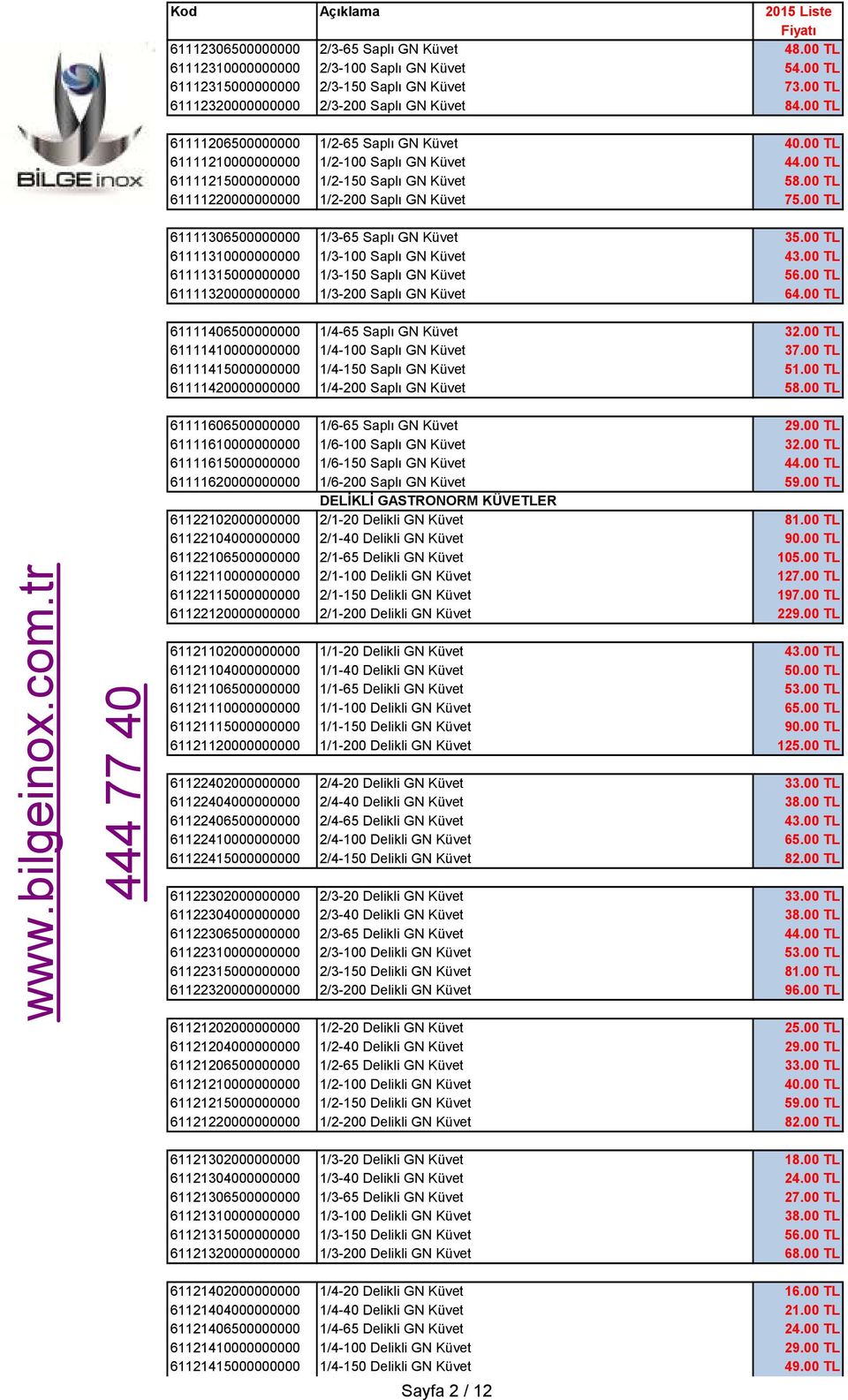 00 TL 61111306500000000 1/3-65 Saplı GN Küvet 35.00 TL 61111310000000000 1/3-100 Saplı GN Küvet 43.00 TL 61111315000000000 1/3-150 Saplı GN Küvet 56.00 TL 61111320000000000 1/3-200 Saplı GN Küvet 64.