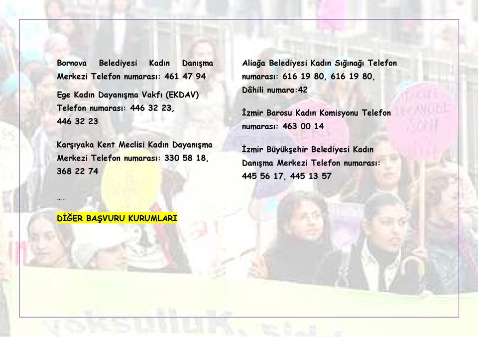 Belediyesi Kadın Sığınağı Telefon numarası: 616 19 80, 616 19 80, Dâhili numara:42 İzmir Barosu Kadın Komisyonu Telefon