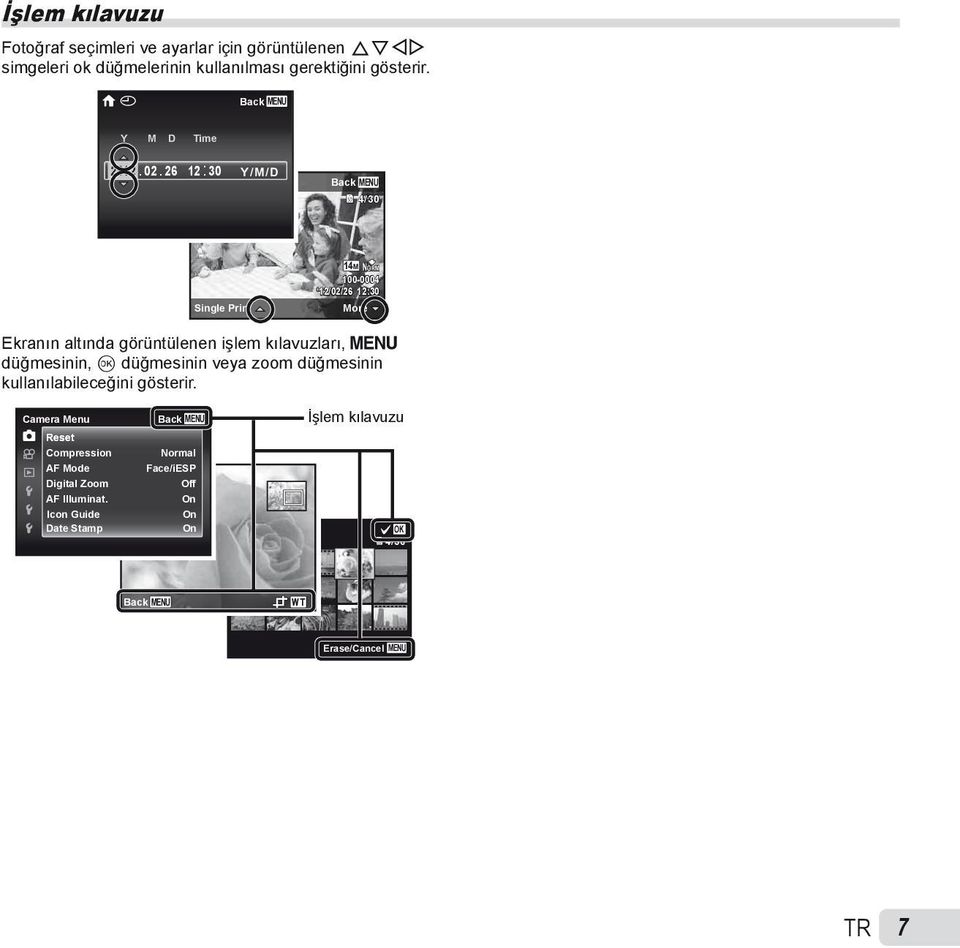 Image : Back 4/30 Single Print 14 M NORM 100-0004 12/02/26 12:30 More Ekranın altında görüntülenen işlem kılavuzları, m düğmesinin, Q