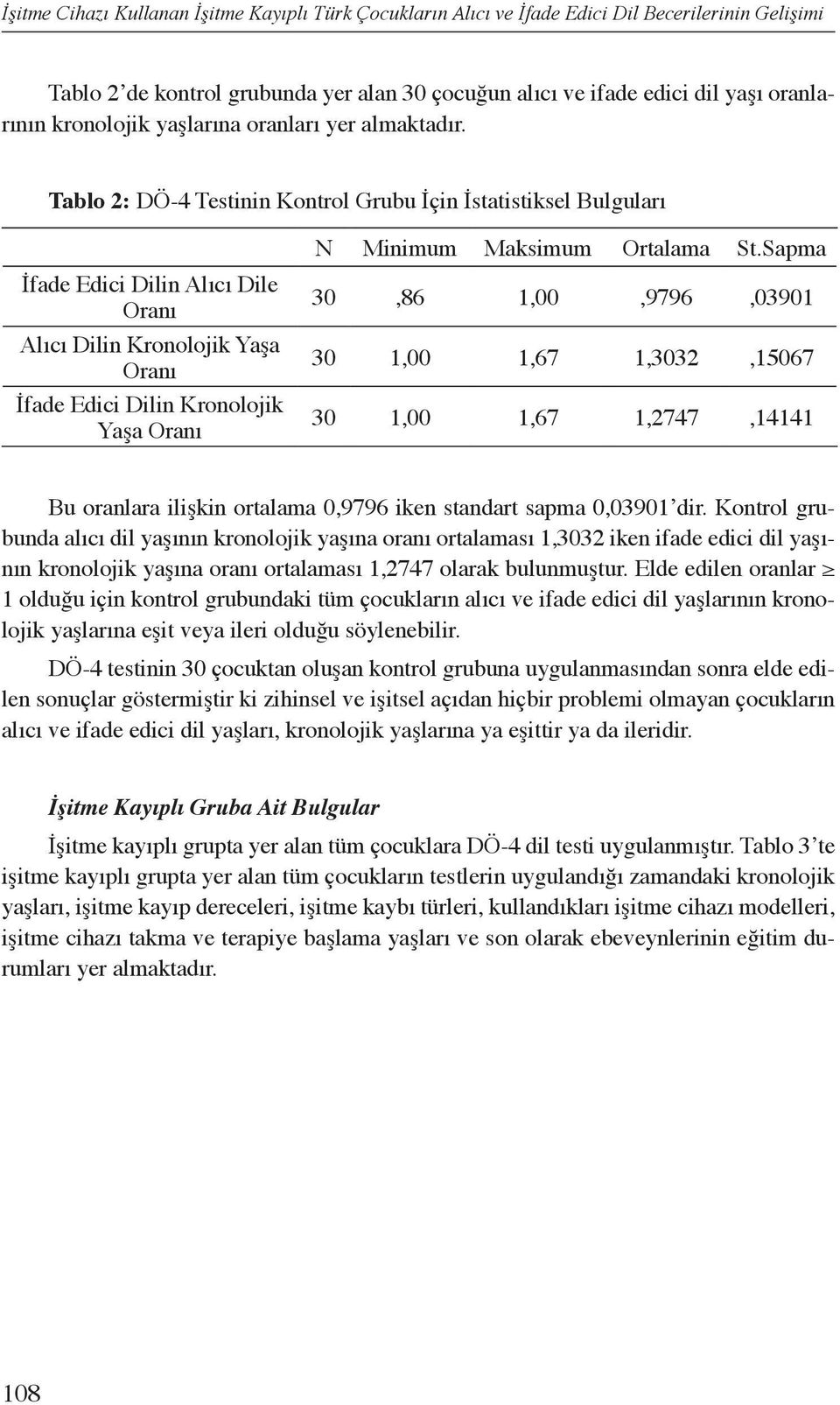 Tablo 2: DÖ-4 Testinin Kontrol Grubu İçin İstatistiksel Bulguları İfade Edici Dilin Alıcı Dile Oranı Alıcı Dilin Kronolojik Yaşa Oranı İfade Edici Dilin Kronolojik Yaşa Oranı N Minimum Maksimum