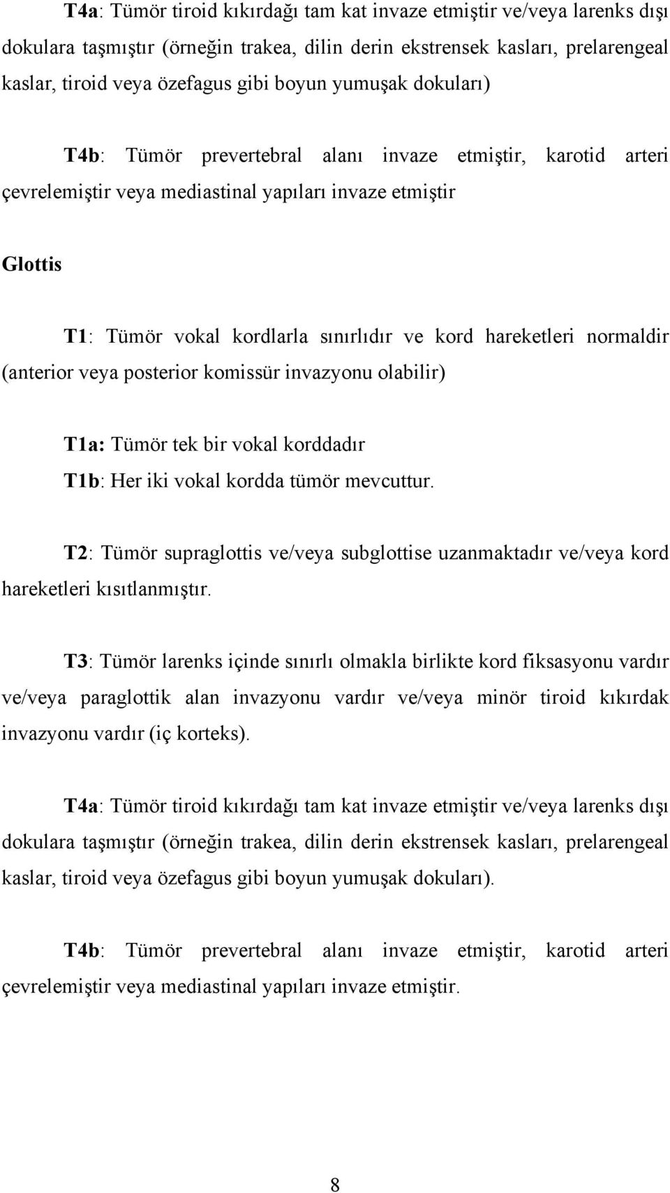 hareketleri normaldir (anterior veya posterior komissür invazyonu olabilir) T1a: Tümör tek bir vokal korddadır T1b: Her iki vokal kordda tümör mevcuttur.