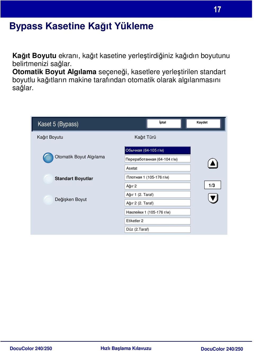 Kaset 5 (Bypass) İptal Kaydet Kağıt Boyutu Kağıt Türü Otomatik Boyut Algılama Обычная (64-105 г/м) Переработанная (64-104 г/м) Standart