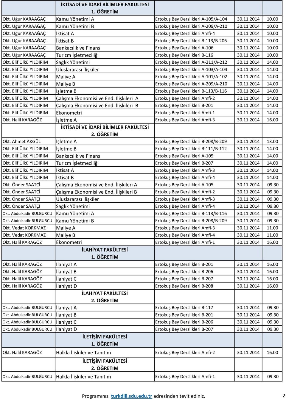 11.2014 14.00 Okt. Elif Ülkü YILDIRIM Maliye B A-209/A-210 30.11.2014 14.00 Okt. Elif Ülkü YILDIRIM İşletme B B-113/B-116 30.11.2014 14.00 Okt. Elif Ülkü YILDIRIM Çalışma Ekonomisi ve End.