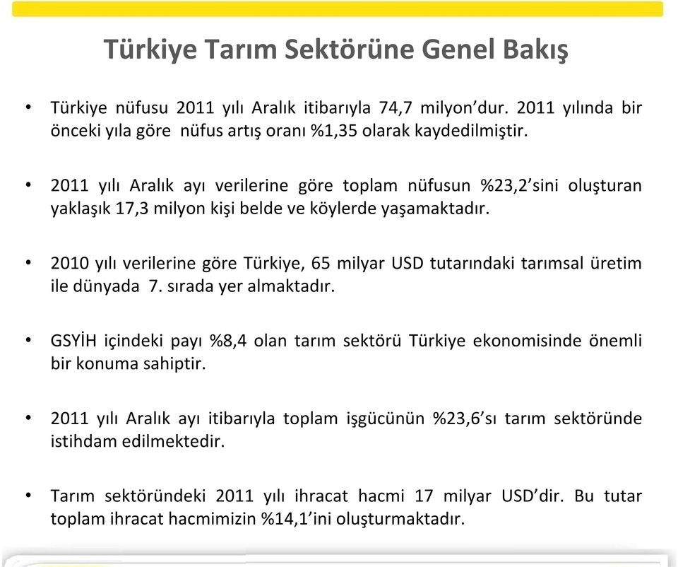 2010 yılı verilerine göre Türkiye, 65 milyar USD tutarındaki tarımsal üretim ile dünyada 7. sırada yer almaktadır.