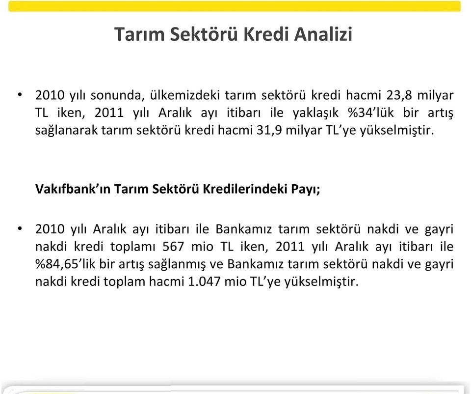 Vakıfbank ın Tarım SektörüKredilerindeki Payı; 2010 yılı Aralık ayı itibarı ile Bankamız tarım sektörü nakdi ve gayri nakdi kredi