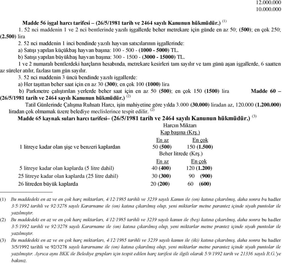 52 nci maddenin 1 inci bendinde yazılı hayvan satıcılarının işgallerinde: a) Satışı yapılan küçükbaş hayvan başına: 100-500 - (1000-5000) TL.