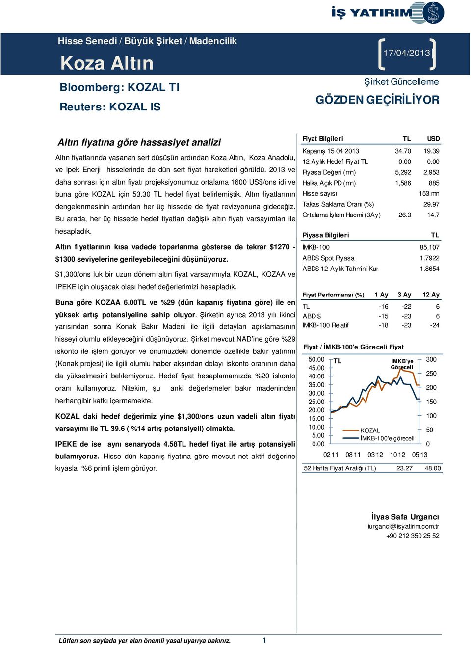 2013 ve daha sonrası için altın fiyatı projeksiyonumuz ortalama 1600 US$/ons idi ve buna göre KOZAL için 53.30 TL hedef fiyat belirlemiştik.