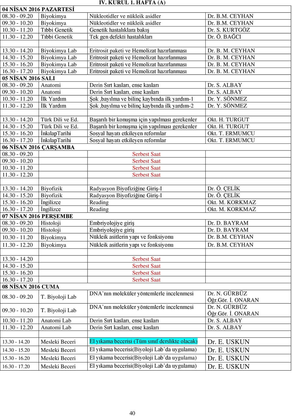 B. M. CEYHAN 14.30-15.20 Biyokimya Lab Eritrosit paketi ve Hemolizat hazırlanması Dr. B. M. CEYHAN 15.30-16.20 Biyokimya Lab Eritrosit paketi ve Hemolizat hazırlanması Dr. B. M. CEYHAN 16.30-17.