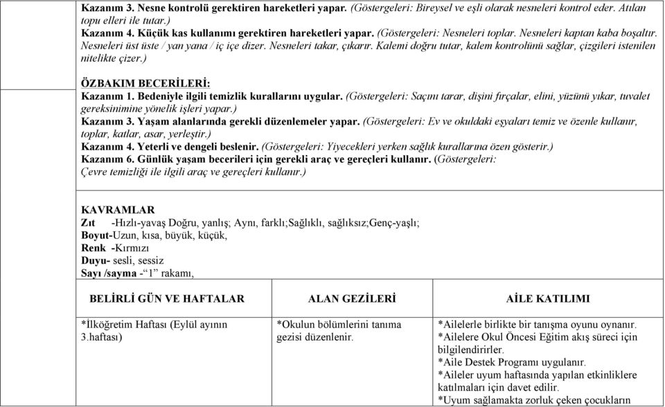 Kalemi doğru tutar, kalem kontrolünü sağlar, çizgileri istenilen nitelikte çizer.) ÖZBAKIM BECERİLERİ: Kazanım 1. Bedeniyle ilgili temizlik kurallarını uygular.